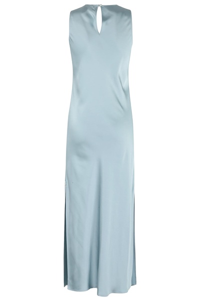 Blue Sleeveless Crewneck Dress With Side Single Slit In Tech Fabric Woman