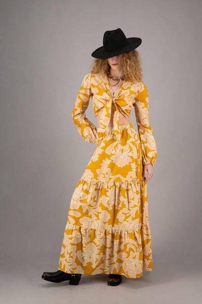 Susie In Flowered Ochre Cotton