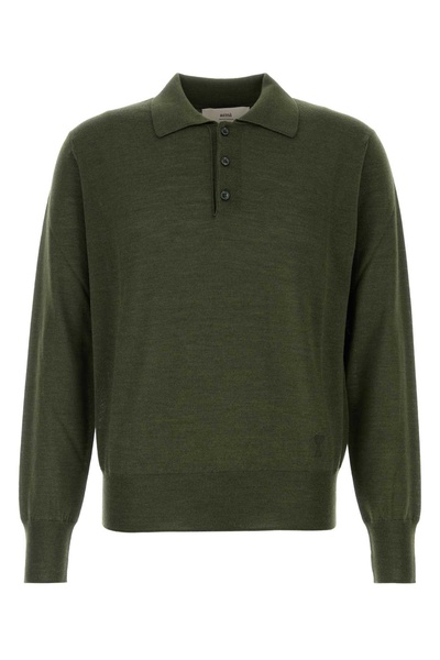 Ami Men Olive Green Wool Blend Polo Shirt