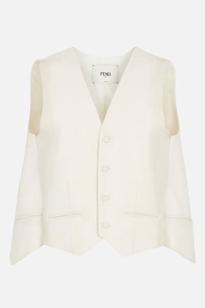 Cream Tricotin Wool and Cupro Jacket with V-Neck