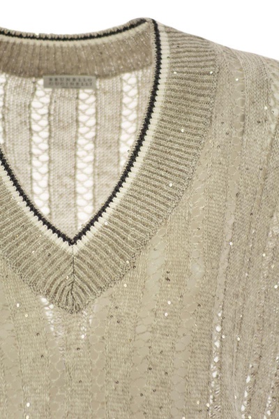 Brunello Cucinelli Dazzling Ribbed Net Knitted T-Shirt In Linen