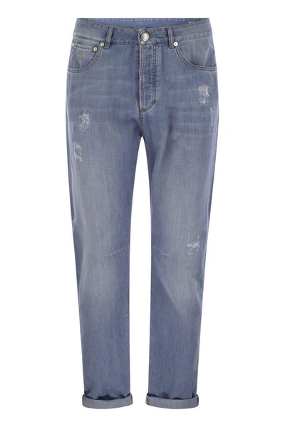 Brunello Cucinelli Five-Pocket Leisure Fit Trousers In Lightweight Old Denim With Rips