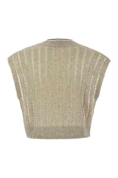 Brunello Cucinelli Dazzling Ribbed Net Knitted T-Shirt In Linen