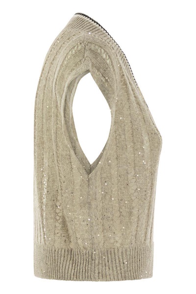 Brunello Cucinelli Dazzling Ribbed Net Knitted T-Shirt In Linen