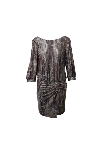 salina wrap-effect knitted dress in metallic silver polyester