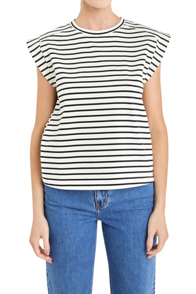 striped ribbed cotton sleeveless tee in white/black