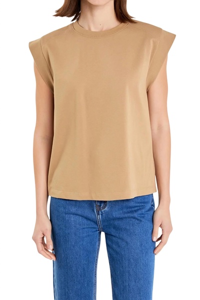 solid ribbed cotton sleeveless tee in taupe