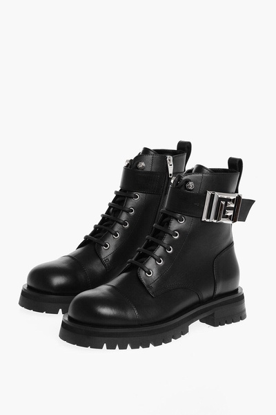 leather combat booties with ankle strap and logoed buckle