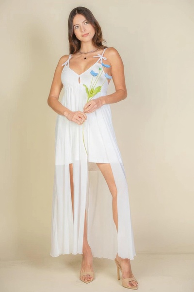 plunge neck split thigh mesh maxi dress