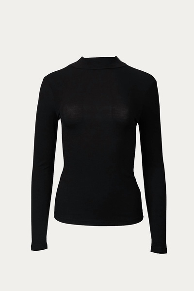 stretch cotton-jersey mock neck top in black