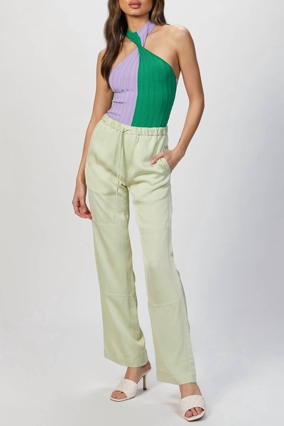 two-tone halterneck bodysuit in lilac/dark green