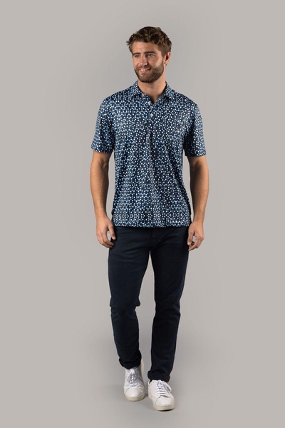 navy with white and blue circles polo shirt
