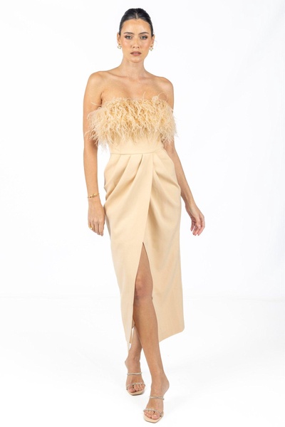 diane midi feather dress beige