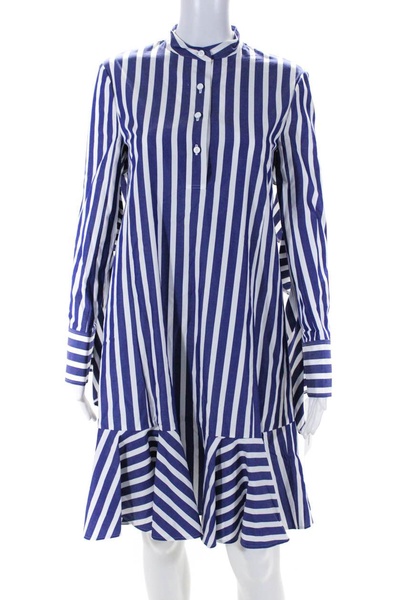 womens ruffle shirt dress navy/white