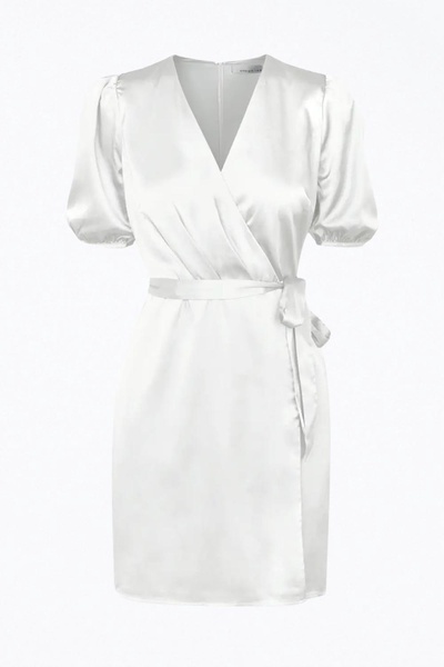 glice wrap-effect belted sateen mini dress in white