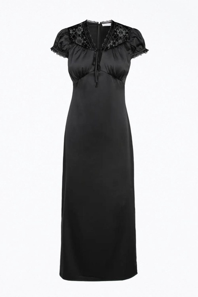 lace-trimmed satin midi dress in black