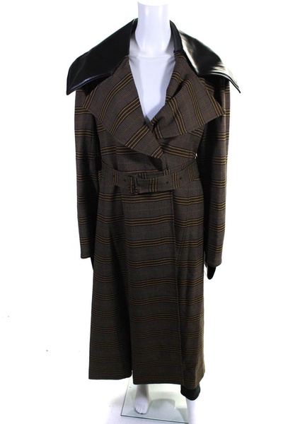 womens faux leather trimmed belted coat tumeric