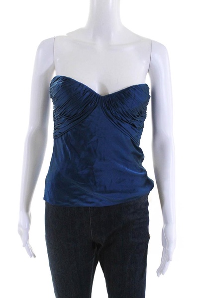 womens satin strapless bustier top blouse blue