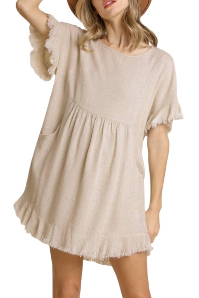 linen blend dress with pockets in oatmeal