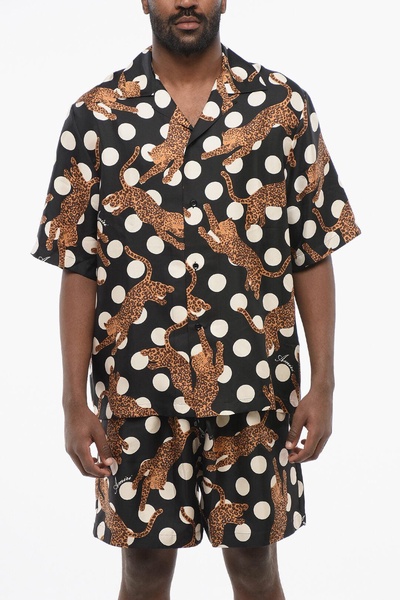 silk leopard bowling shirt with polka dot motif
