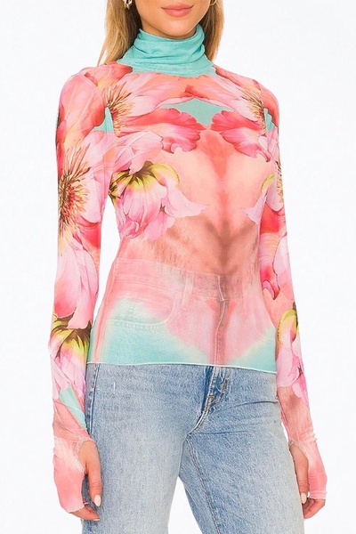 zadie power mesh turtleneck top in coral daffodil sub