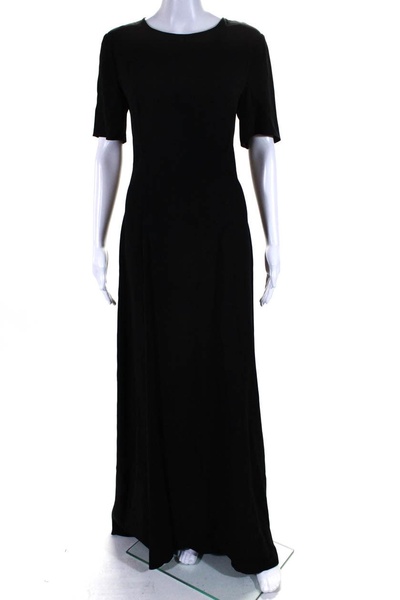 womens black crew neck open back short sleeve shift dress