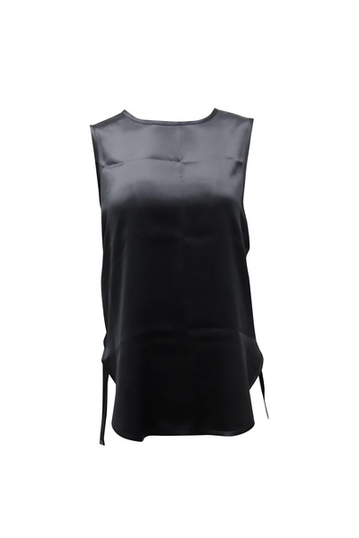 black sleeveless side lace top in black silk satin