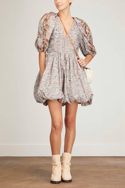 gwen v-neck puff sleeve pleated mini dress in chalcedony