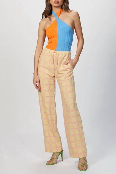two-tone halterneck bodysuit in orange/blue