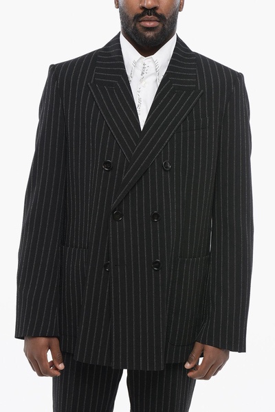 double-breasted pinstriped virgin wool blazer