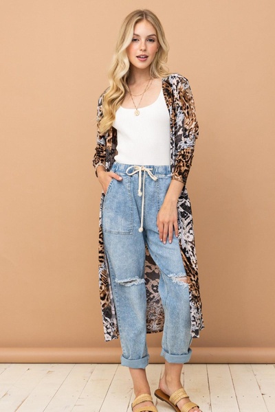leopard kimono open front longline cardigan