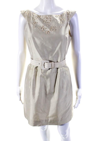 womens back zip beaded belted dress beige cotton