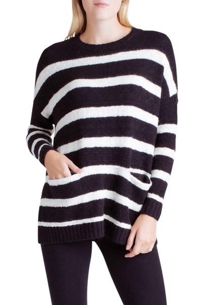 striped variegated cotton blend long sleeve sweater with pockets in black
