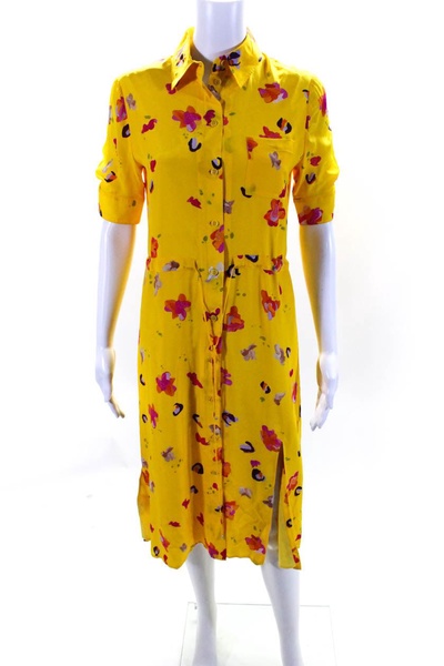 womens yellow floral silk tie front short sleeve shift dress