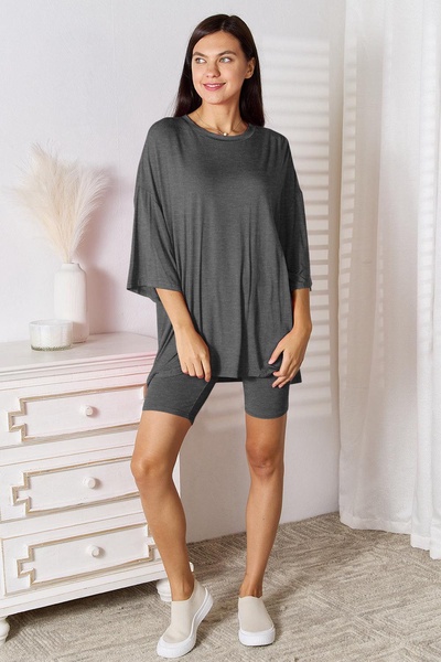 full size soft rayon three-quarter sleeve top and shorts set
