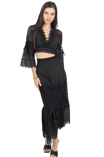 emily guipure lace top & maxi skirt set in black