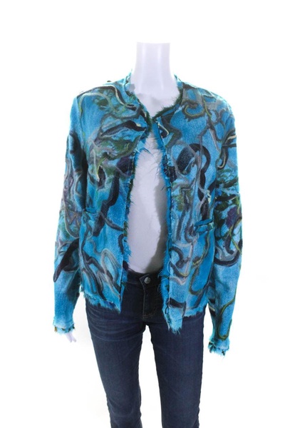 womens blue printed linen open front long sleeve jacket