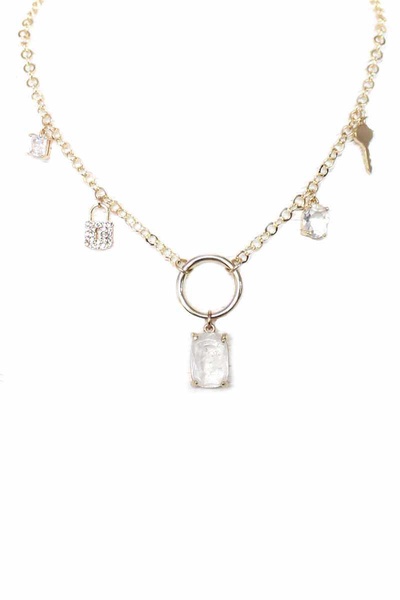 women's metal chain crystal stone lock and key dangle necklace