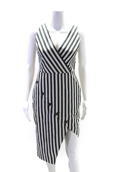 womens striped print button v-neck sleeveless midi dress white