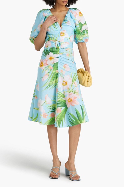 Puffed printed cotton-blend midi dress