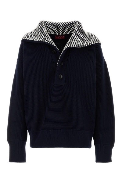 Gucci Men Navy Blue Stretch Cotton Blend Polo Shirt