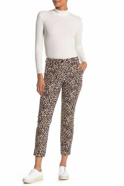 leopard print slim mid-rise stretch ankle crop pants in multicolor