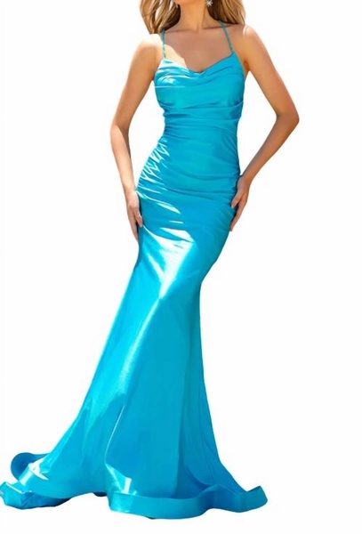 cowl-neck long formal prom dress with train in turquise