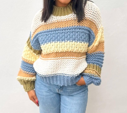 on a holidate color block stripe sweater in multi
