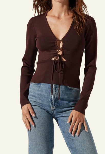 nella lace-up rib sweater in brown