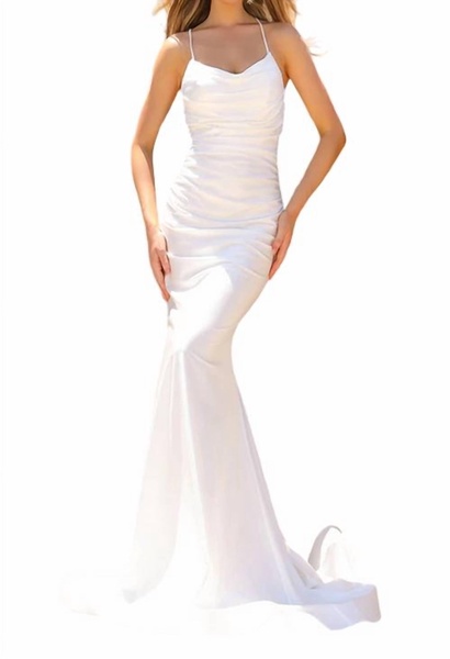 cowl-neck long formal prom dress with train in white