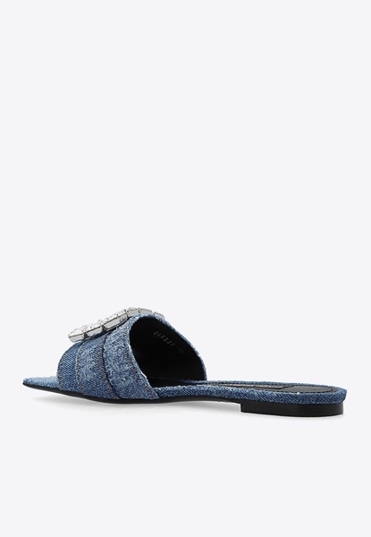 Patchwork Denim Flat Sandals with Rhinestone Embellishments