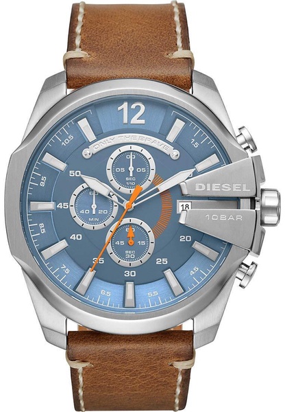 Diesel Mega Chief Stainless Steel and Leather Chronograph Men's Watch, Color: Silver, Brown (Model: DZ4458)