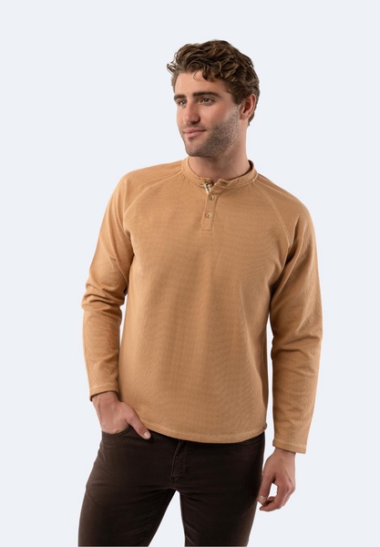 british tan waffle knit 3-button henley