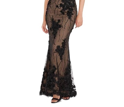 giovanna floral mesh appliqué gown in black, nude